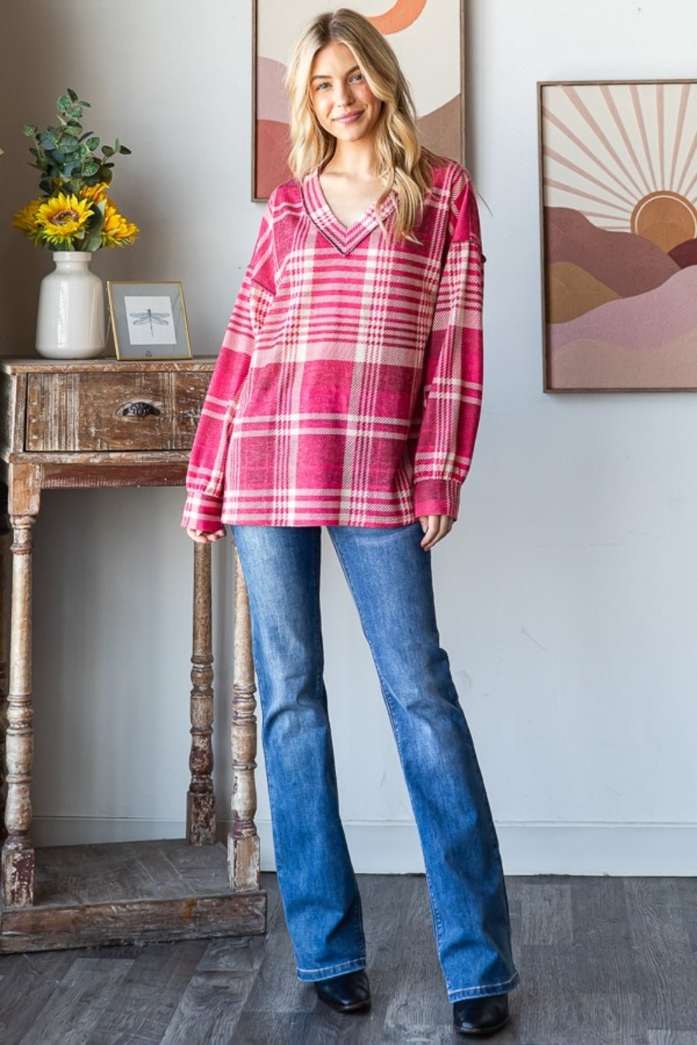 Heimish Plaid Drop Shoulder V - Neck T-Shirt - Bitsy Gypsy Boutique