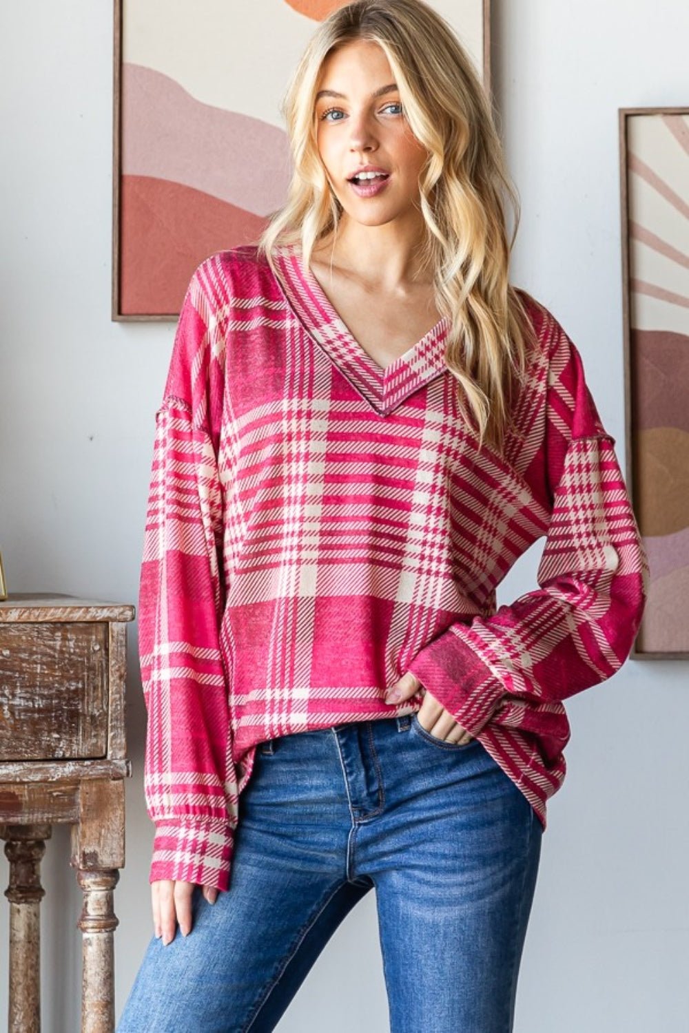 Heimish Plaid Drop Shoulder V - Neck T-Shirt - Bitsy Gypsy Boutique