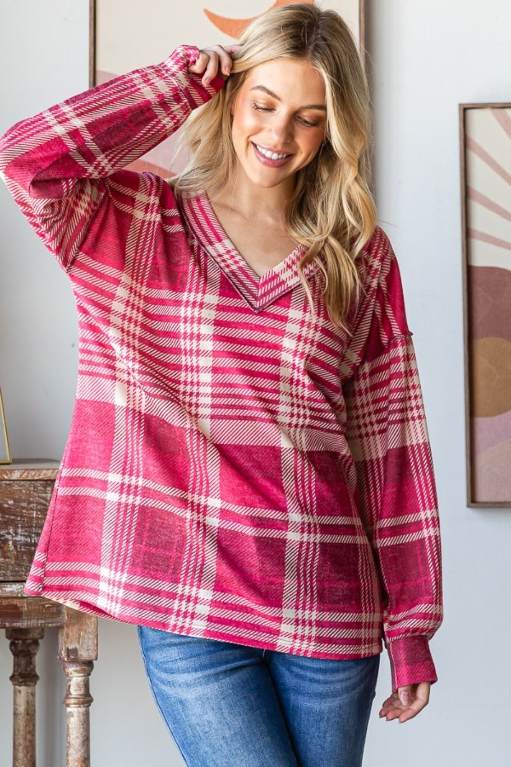 Heimish Plaid Drop Shoulder V - Neck T-Shirt - Bitsy Gypsy Boutique