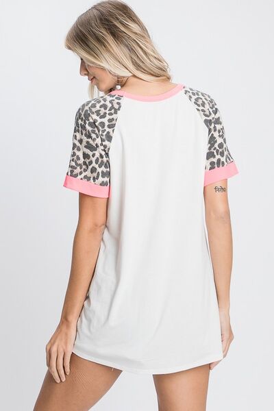 HeimishFull Size Leopard Round Neck Short Sleeve T-Shirt with Stitch Plus Size - Bitsy Gypsy Boutique