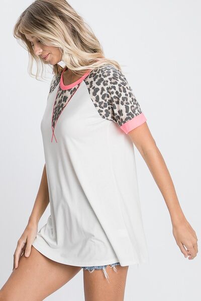 HeimishFull Size Leopard Round Neck Short Sleeve T-Shirt with Stitch Plus Size - Bitsy Gypsy Boutique