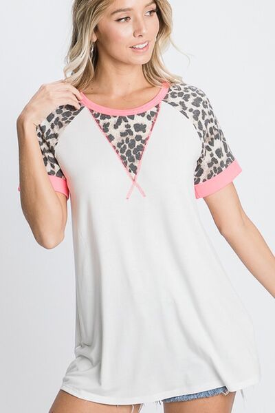 HeimishFull Size Leopard Round Neck Short Sleeve T-Shirt with Stitch Plus Size - Bitsy Gypsy Boutique