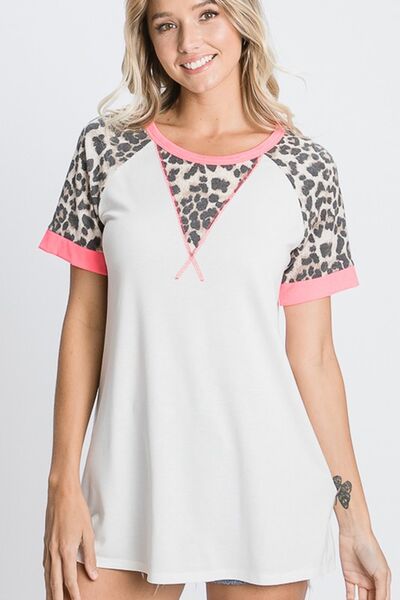 HeimishFull Size Leopard Round Neck Short Sleeve T-Shirt with Stitch Plus Size - Bitsy Gypsy Boutique