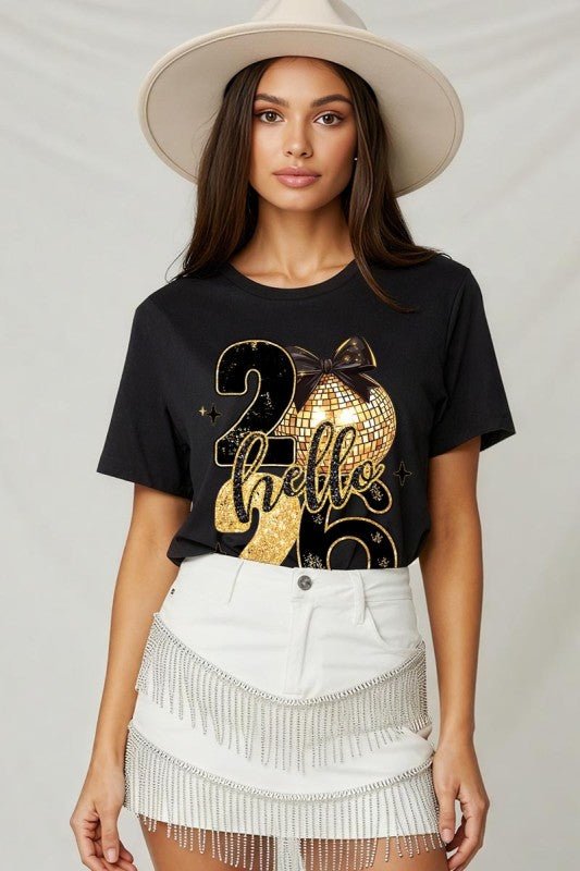 Hello 2026 Faux Glitter Graphic Tee - Bitsy Gypsy Boutique