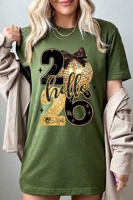 Hello 2026 Faux Glitter Graphic Tee - Bitsy Gypsy Boutique