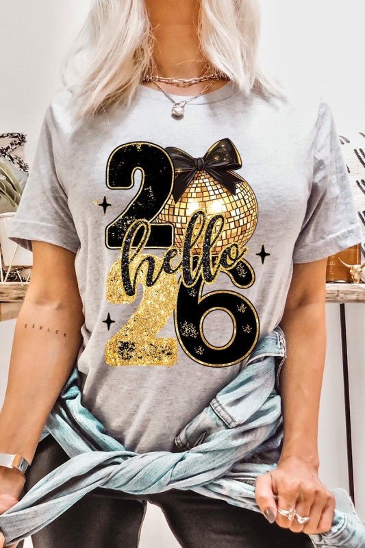 Hello 2026 Faux Glitter Graphic Tee - Bitsy Gypsy Boutique