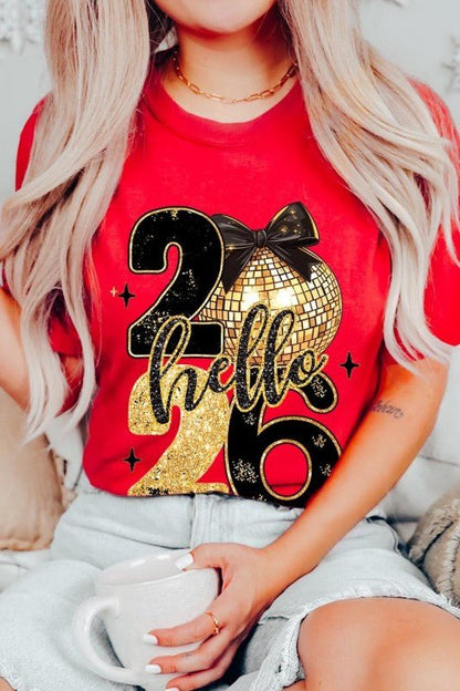 Hello 2026 Faux Glitter Graphic Tee - Bitsy Gypsy Boutique