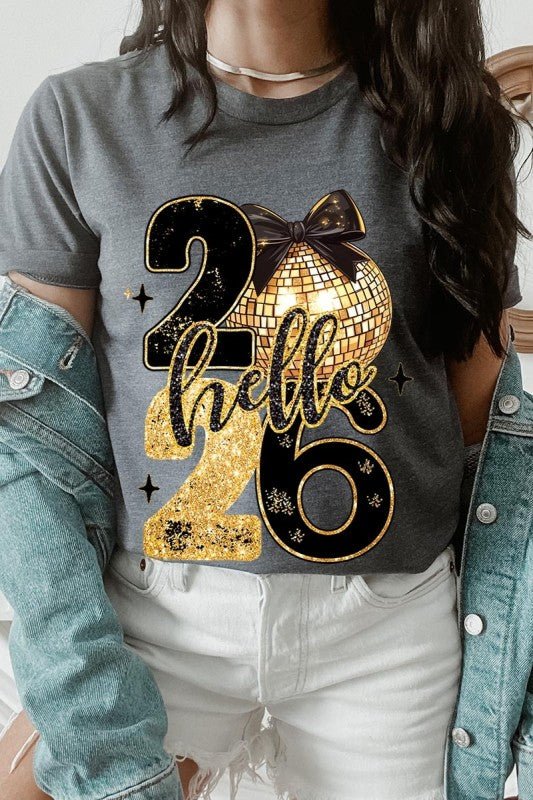 Hello 2026 Faux Glitter Graphic Tee - Bitsy Gypsy Boutique