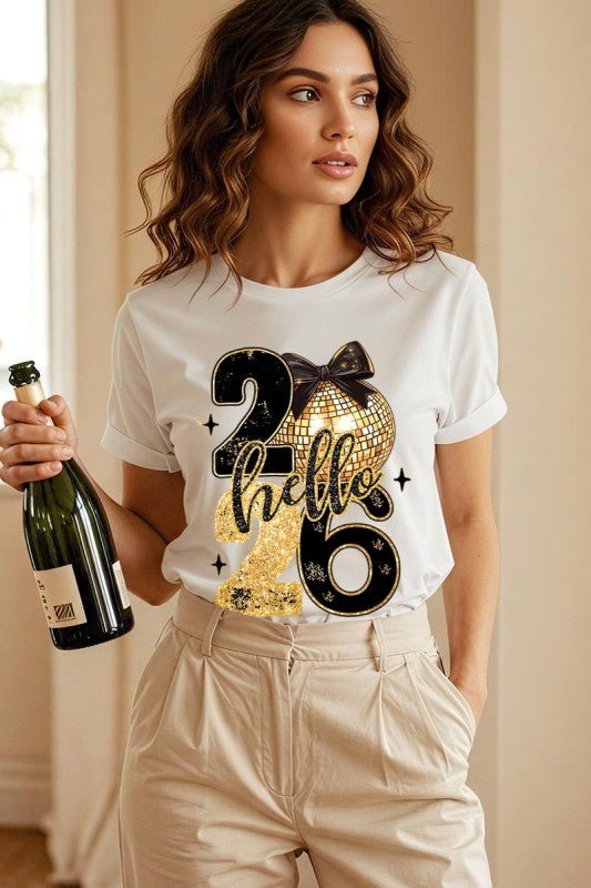 Hello 2026 Faux Glitter Graphic Tee - Bitsy Gypsy Boutique