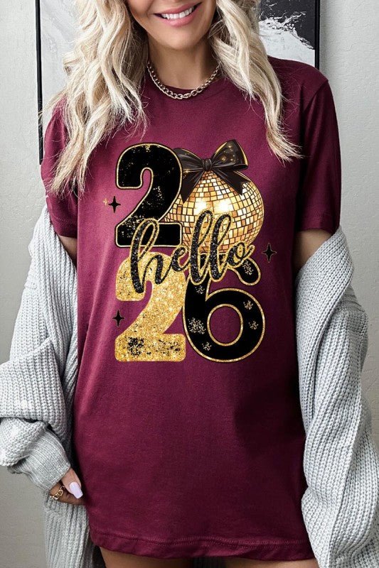 Hello 2026 Faux Glitter Graphic Tee - Bitsy Gypsy Boutique
