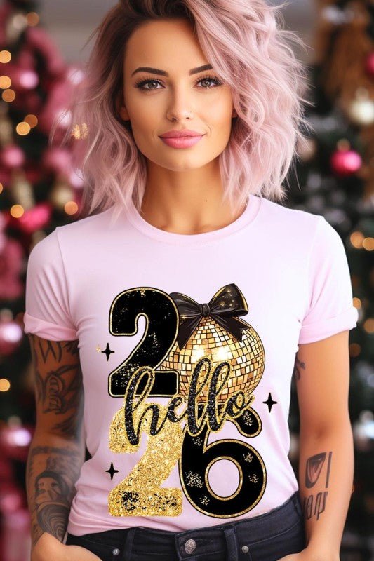 Hello 2026 Faux Glitter Graphic Tee - Bitsy Gypsy Boutique