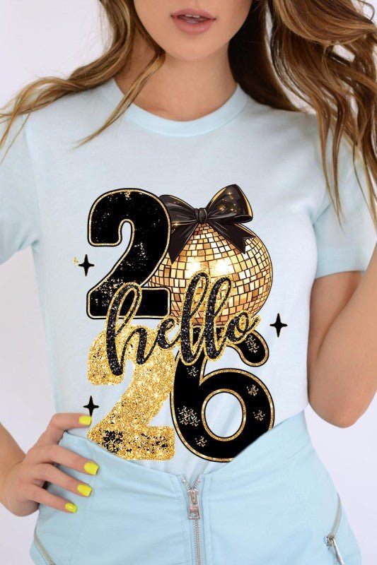 Hello 2026 Faux Glitter Graphic Tee - Bitsy Gypsy Boutique