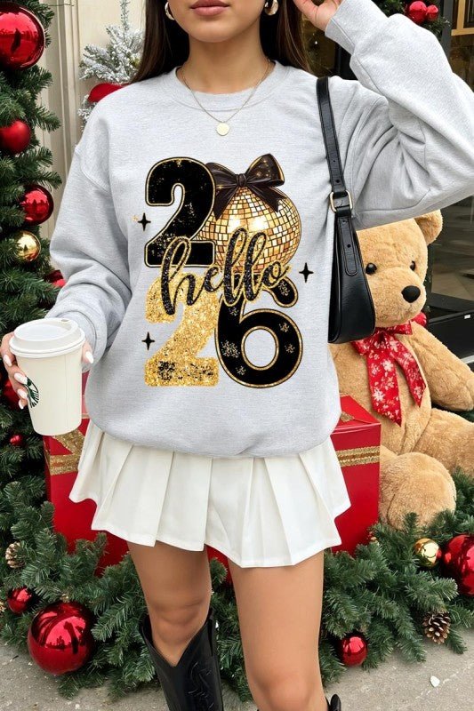 Hello 2026 Glitter Faux Graphic Sweatshirt - Bitsy Gypsy Boutique