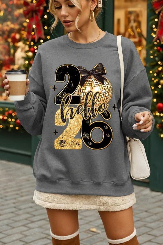 Hello 2026 Glitter Faux Graphic Sweatshirt - Bitsy Gypsy Boutique
