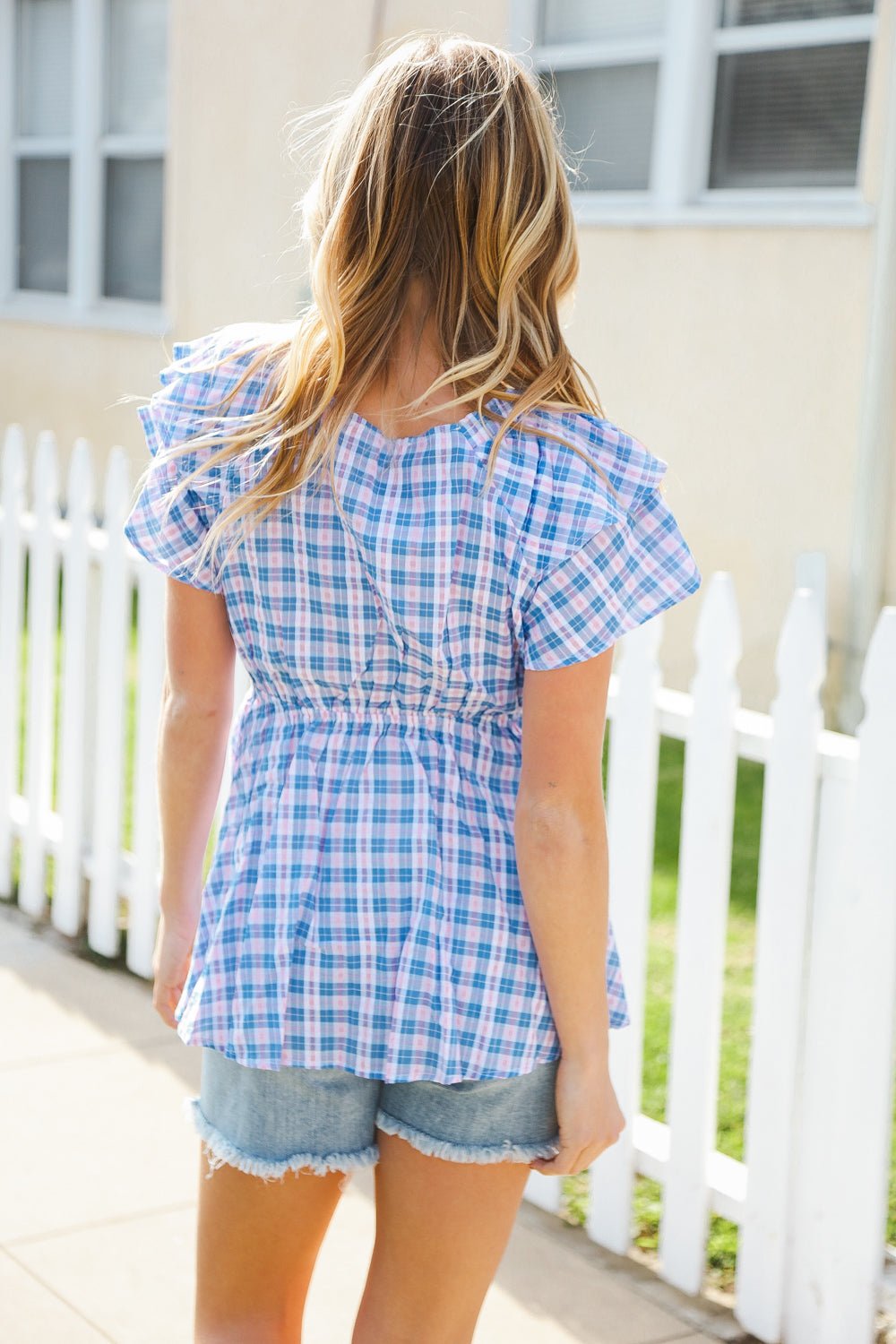 Hello Beautiful Blue Plaid V Neck Ruffle Elastic Babydoll Top - Bitsy Gypsy Boutique