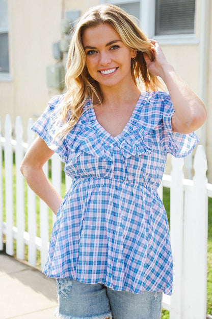 Hello Beautiful Blue Plaid V Neck Ruffle Elastic Babydoll Top - Bitsy Gypsy Boutique