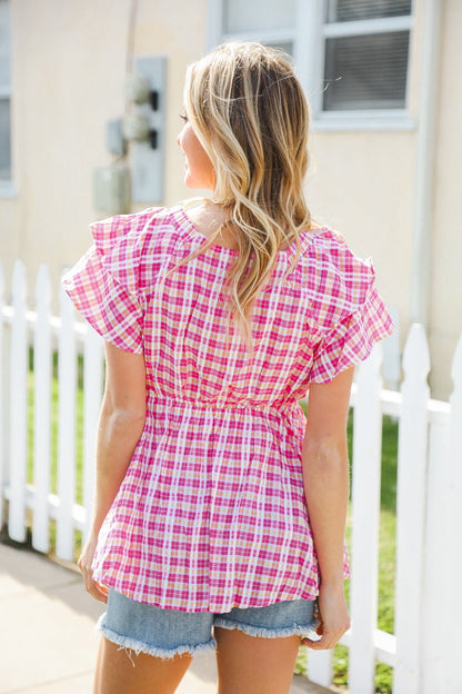 Hello Beautiful Fuchsia Plaid V Neck Ruffle Elastic Babydoll Top - Bitsy Gypsy Boutique
