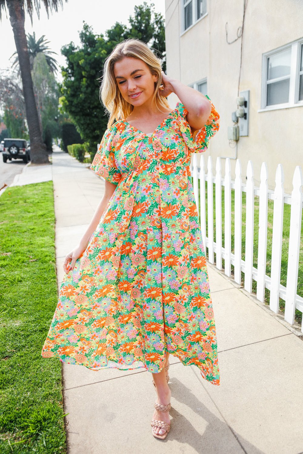 Hello Beautiful Sage Elastic V Neck Tiered Daisy Floral Maxi Dress - Bitsy Gypsy Boutique