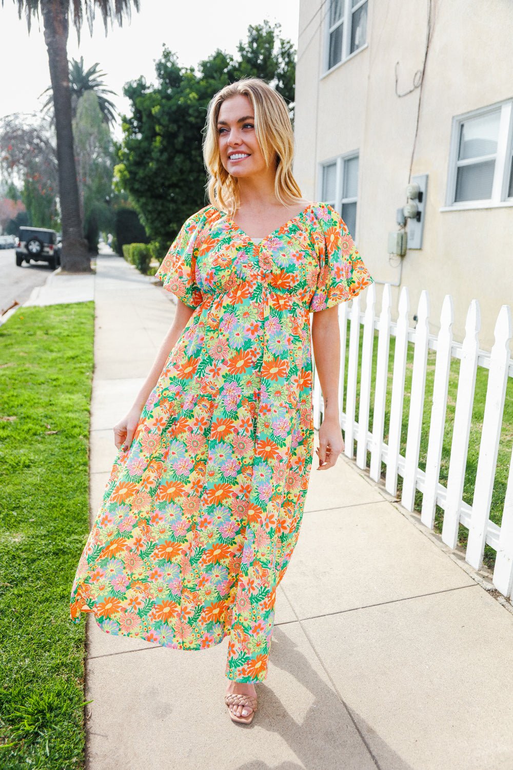 Hello Beautiful Sage Elastic V Neck Tiered Daisy Floral Maxi Dress - Bitsy Gypsy Boutique