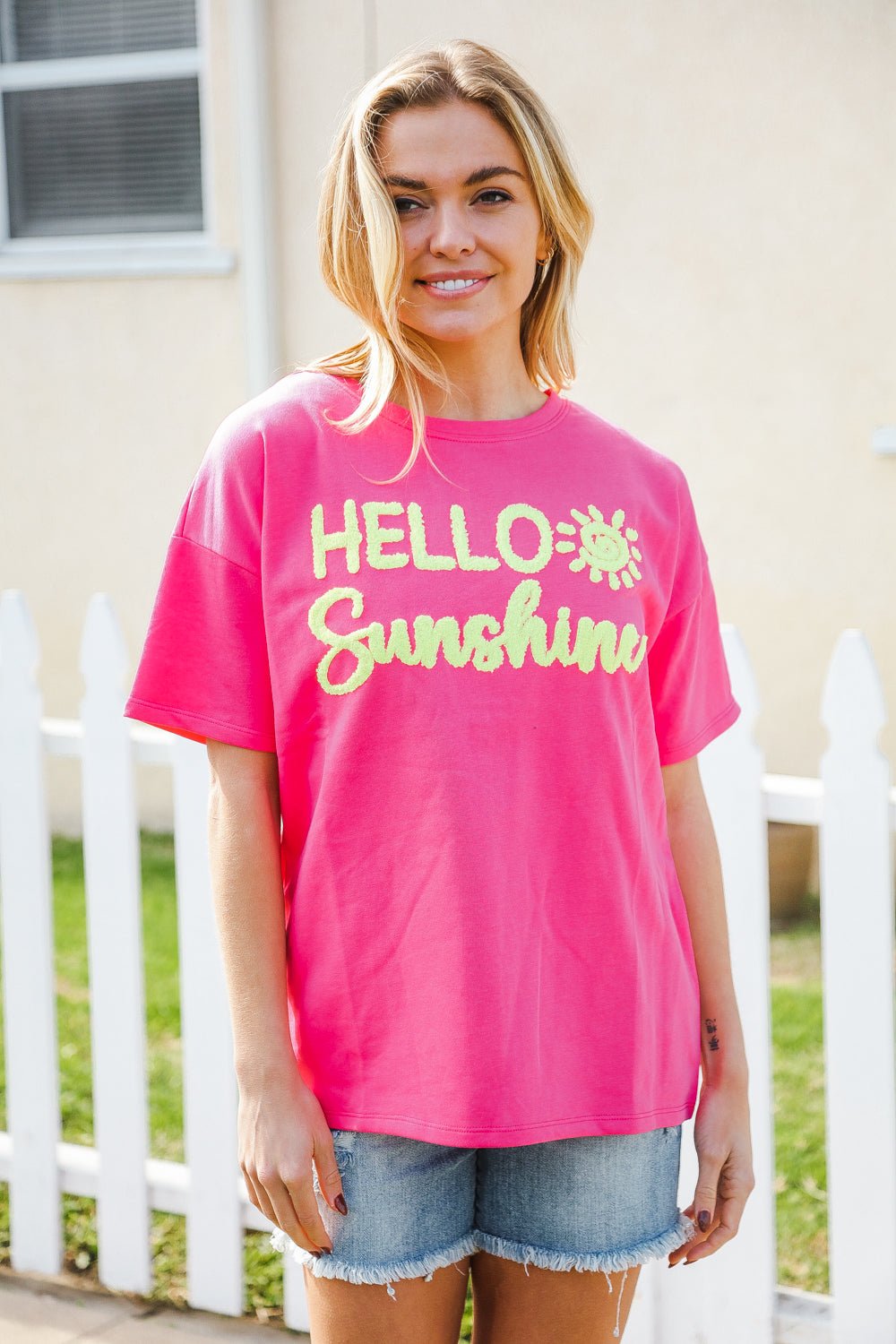 Hello Sunshine Pink/Yellow Embroidered French Terry Pullover - Bitsy Gypsy Boutique