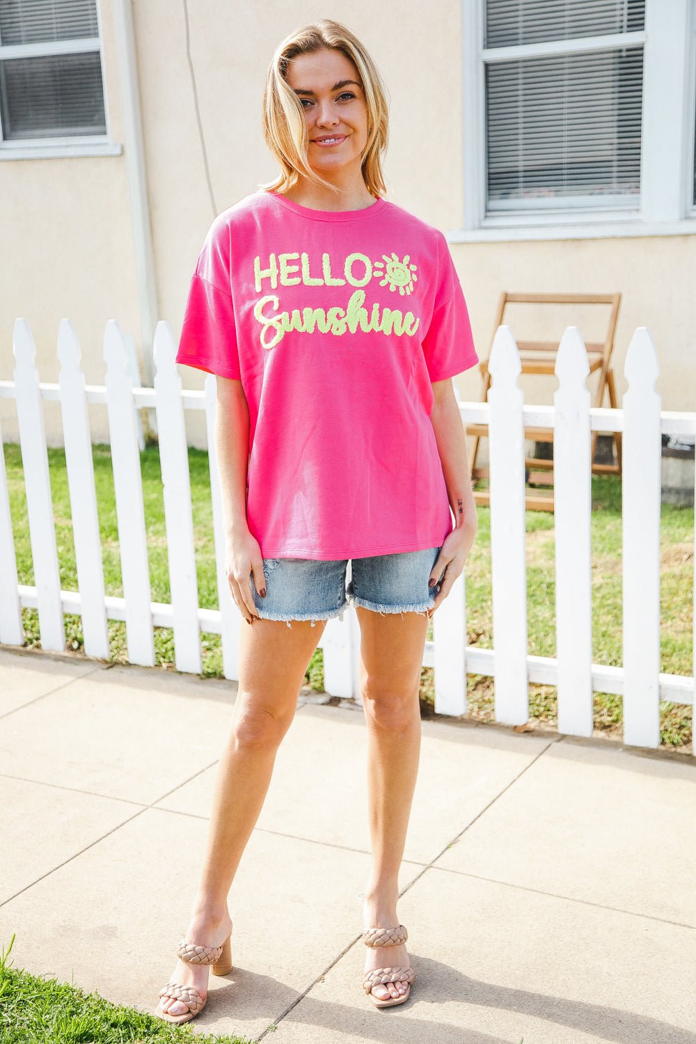 Hello Sunshine Pink/Yellow Embroidered French Terry Pullover - Bitsy Gypsy Boutique