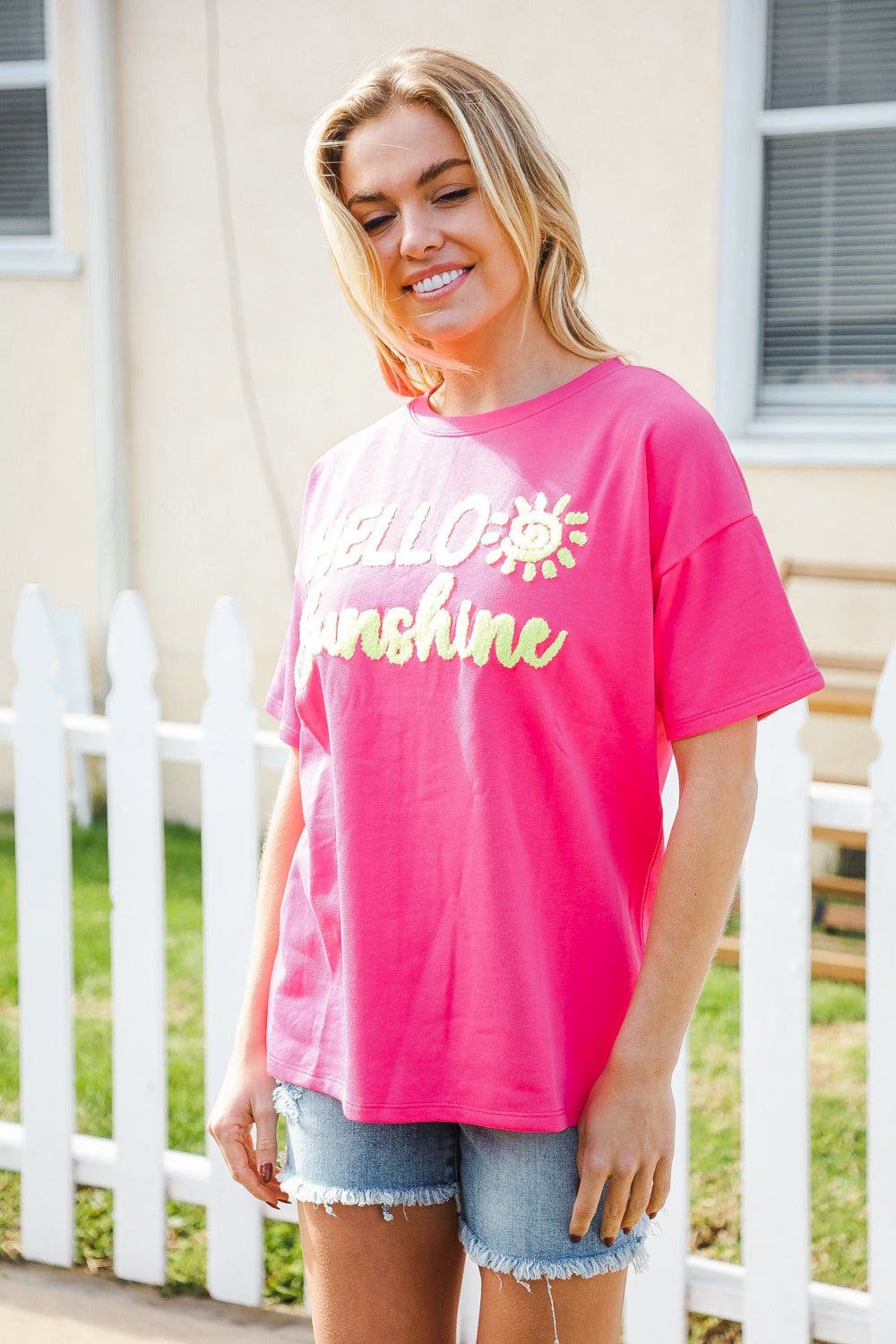 Hello Sunshine Pink/Yellow Embroidered French Terry Pullover - Bitsy Gypsy Boutique