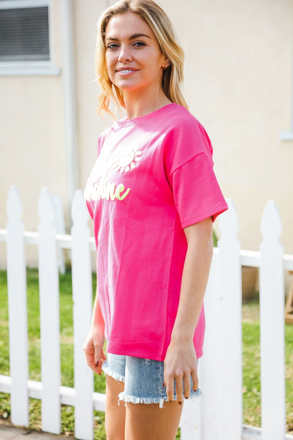 Hello Sunshine Pink/Yellow Embroidered French Terry Pullover - Bitsy Gypsy Boutique