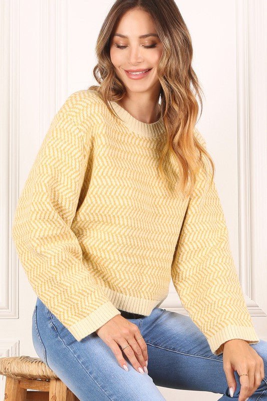 Herringbone Pattern Crew Neck Sweater - Bitsy Gypsy Boutique