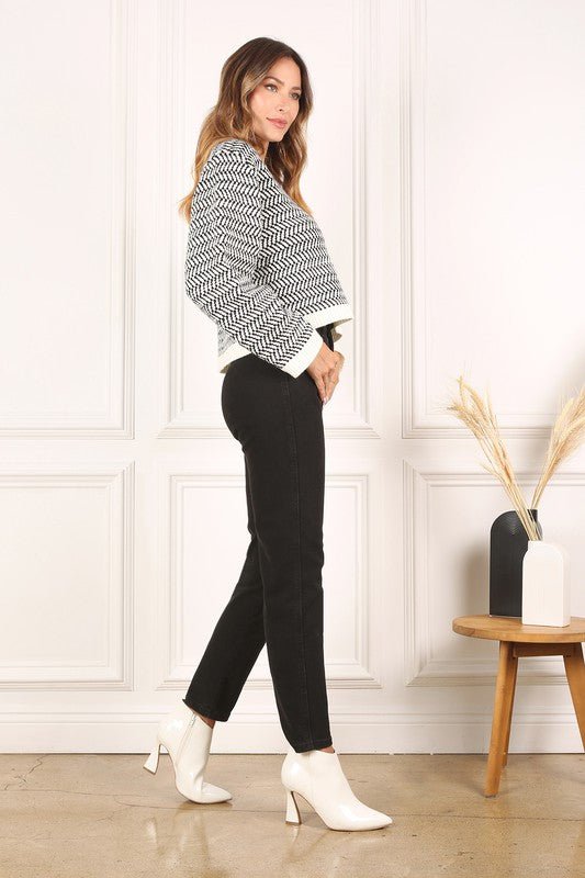 Herringbone Pattern Crew Neck Sweater - Bitsy Gypsy Boutique