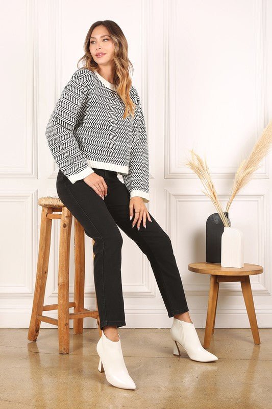 Herringbone Pattern Crew Neck Sweater - Bitsy Gypsy Boutique