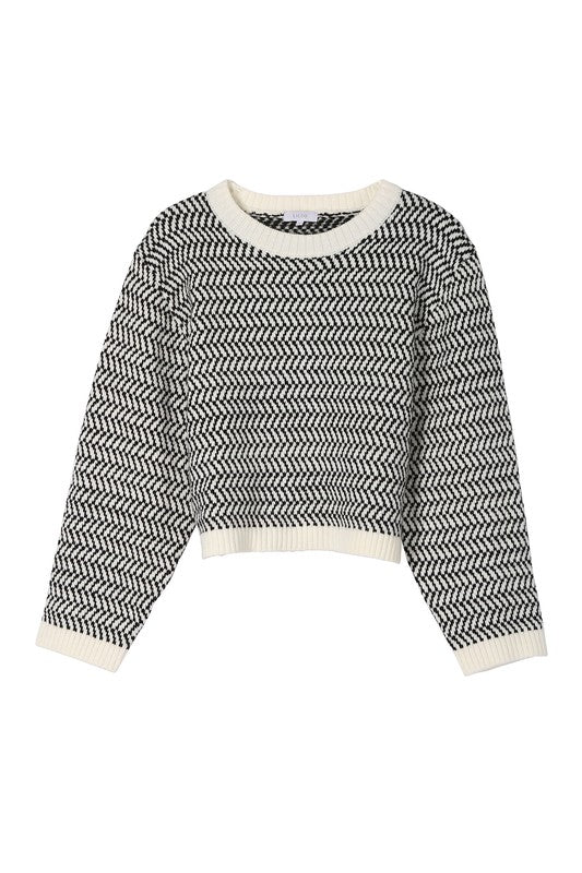 Herringbone Pattern Crew Neck Sweater - Bitsy Gypsy Boutique