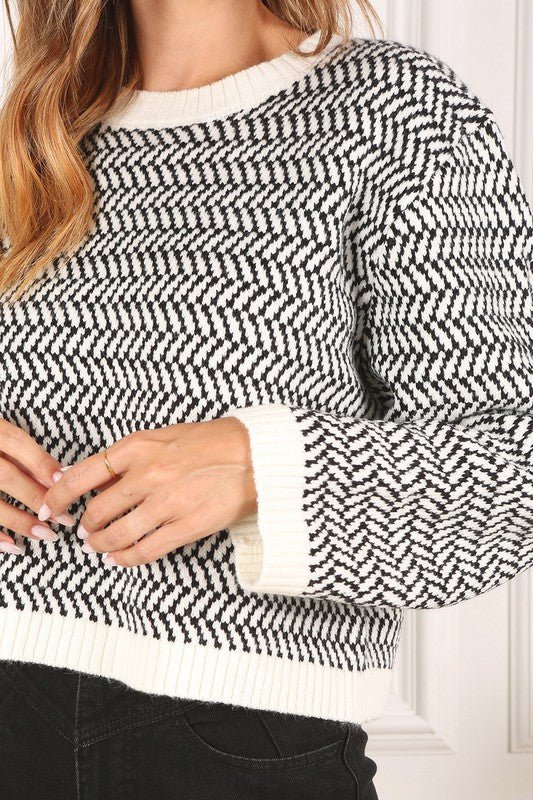 Herringbone Pattern Crew Neck Sweater - Bitsy Gypsy Boutique