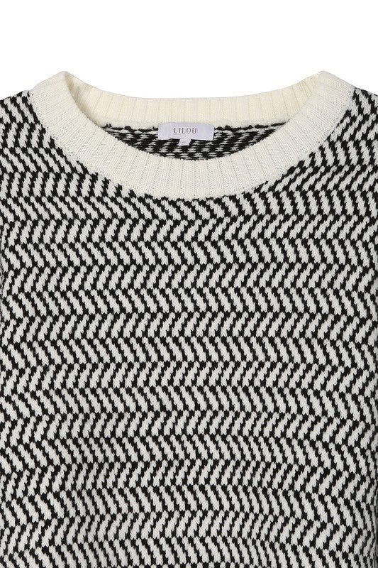 Herringbone Pattern Crew Neck Sweater - Bitsy Gypsy Boutique