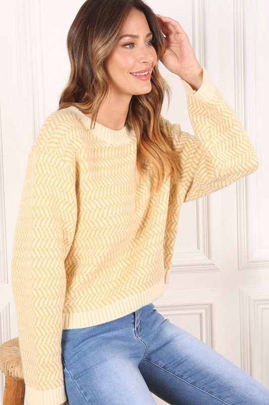 Herringbone Pattern Crew Neck Sweater - Bitsy Gypsy Boutique