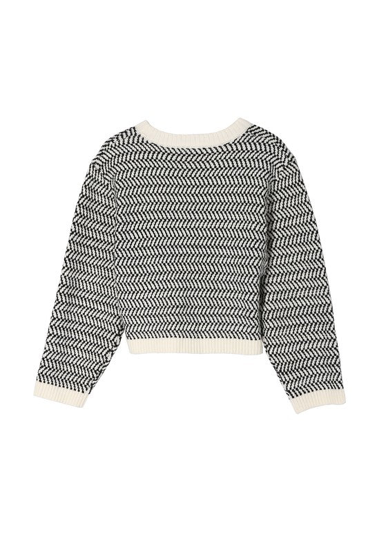 Herringbone Pattern Crew Neck Sweater - Bitsy Gypsy Boutique