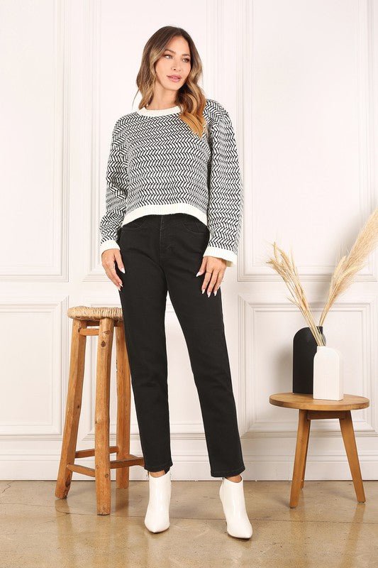 Herringbone Pattern Crew Neck Sweater - Bitsy Gypsy Boutique