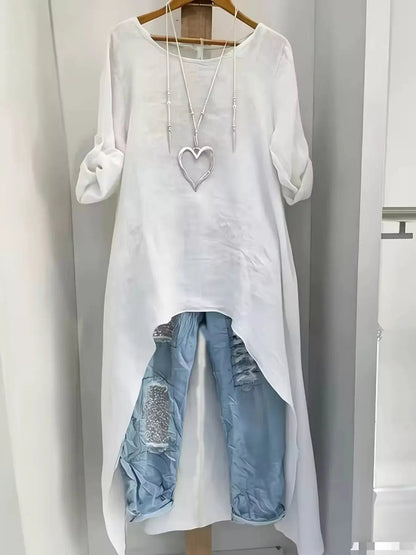 High-Low Hem Roll-Up Sleeves Blouse - Bitsy Gypsy Boutique
