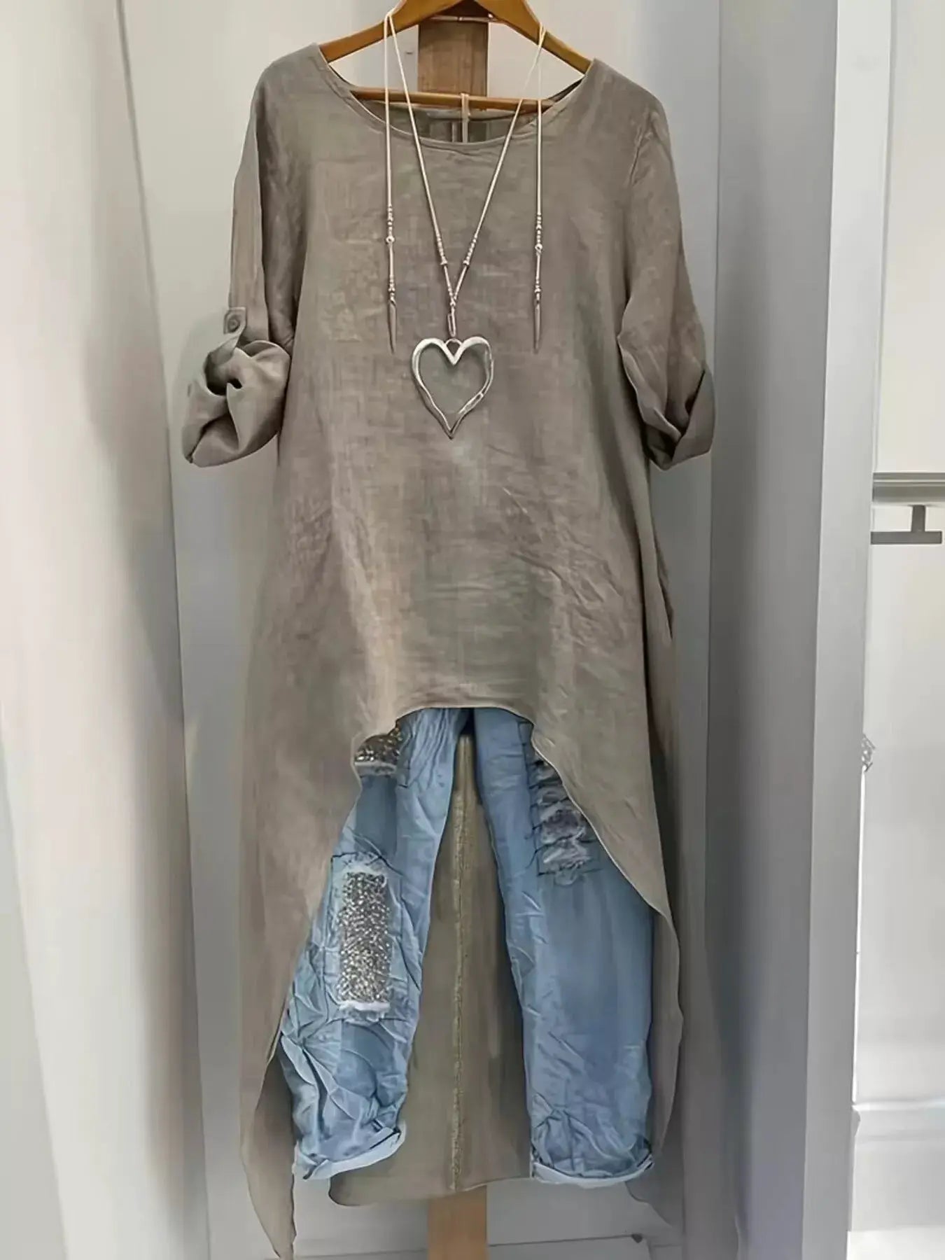 High-Low Hem Roll-Up Sleeves Blouse - Bitsy Gypsy Boutique