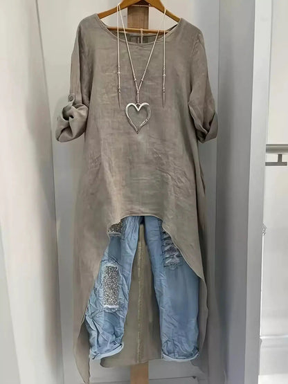 High-Low Hem Roll-Up Sleeves Blouse - Bitsy Gypsy Boutique