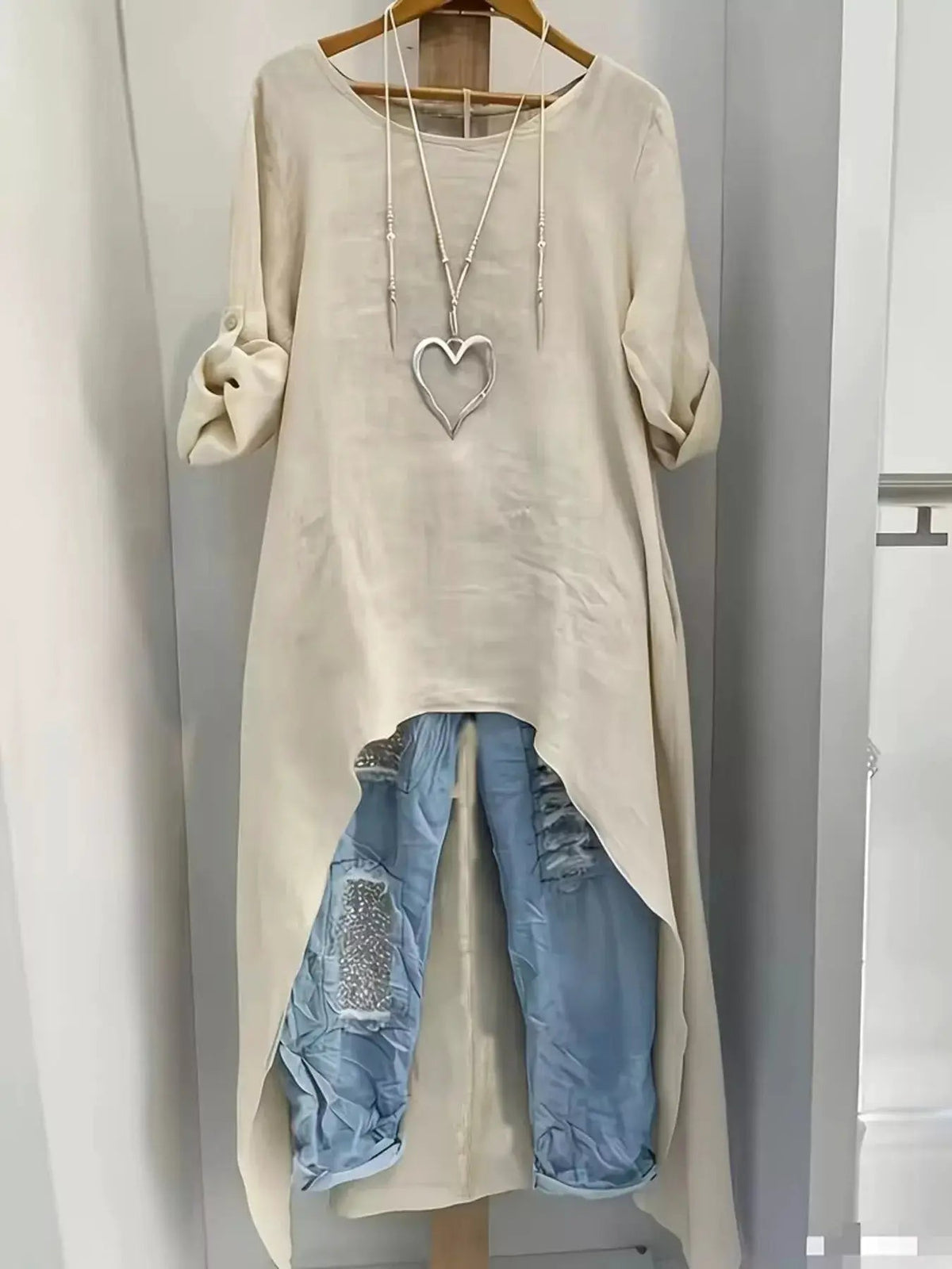 High-Low Hem Roll-Up Sleeves Blouse - Bitsy Gypsy Boutique