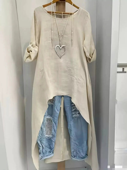 High-Low Hem Roll-Up Sleeves Blouse - Bitsy Gypsy Boutique