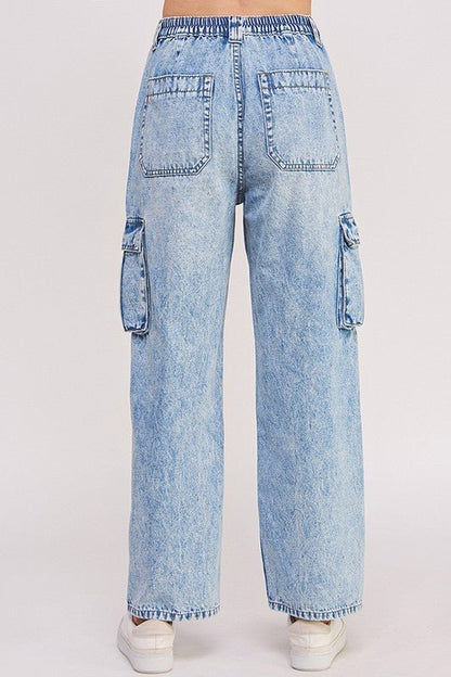 HIGH WAIST BAGGY DENIM CARGO ANKLE LENGTH TROUSERS - Bitsy Gypsy Boutique