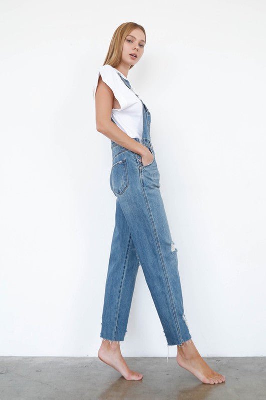 High Waist Ripped Straight Denim Overall Jumpsuit - Bitsy Gypsy Boutique