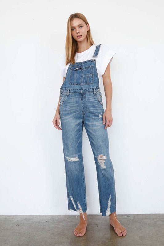 High Waist Ripped Straight Denim Overall Jumpsuit - Bitsy Gypsy Boutique