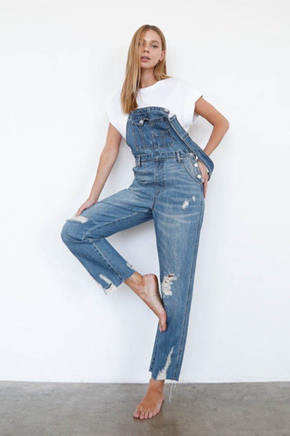 High Waist Ripped Straight Denim Overall Jumpsuit - Bitsy Gypsy Boutique