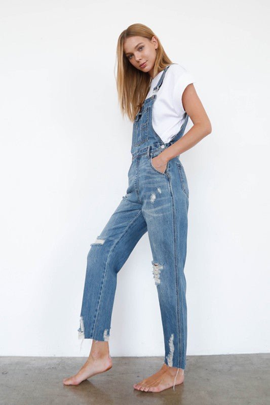 High Waist Ripped Straight Denim Overall Jumpsuit - Bitsy Gypsy Boutique