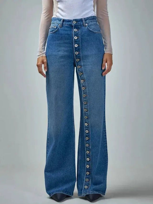 High Waisted Asymmetric Button Front Wide Leg Jeans - Bitsy Gypsy Boutique