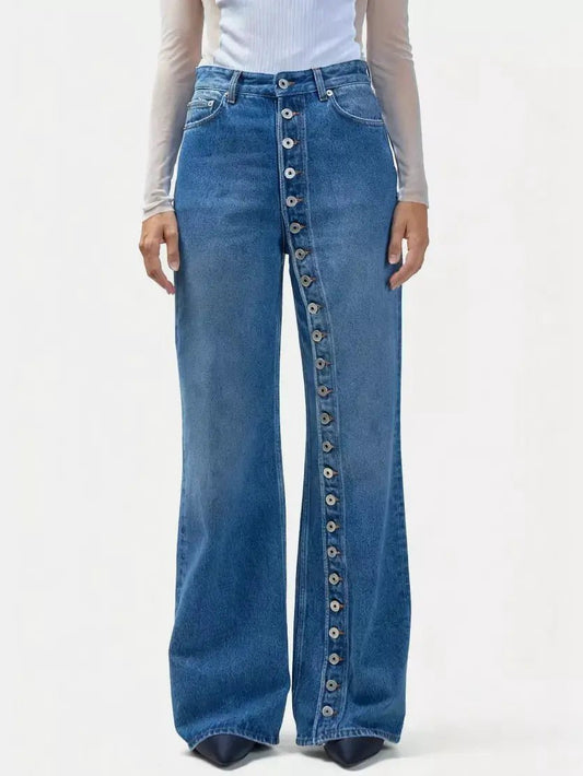 High Waisted Asymmetric Button Front Wide Leg Jeans - Bitsy Gypsy Boutique