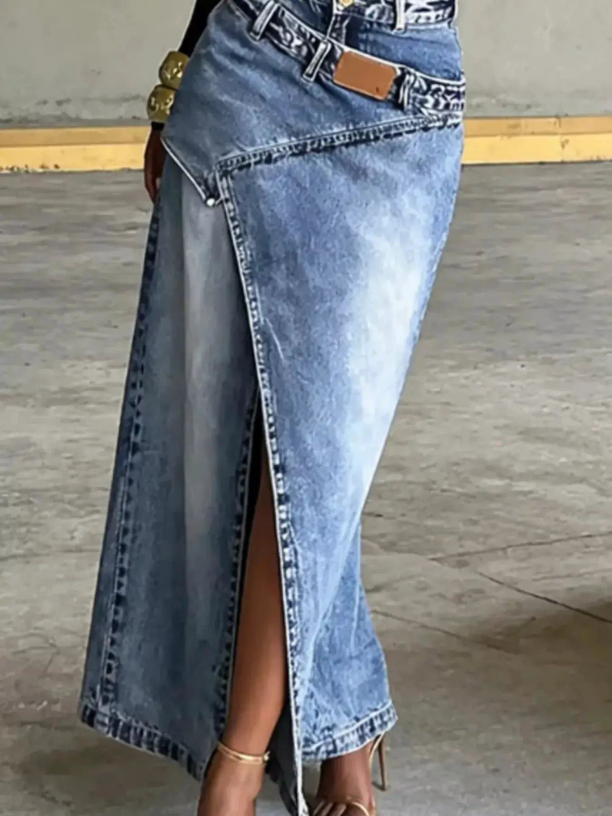 High-Waisted Asymmetric Slit Denim Maxi Skirt - Bitsy Gypsy Boutique