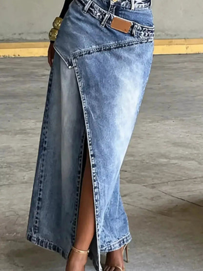 High-Waisted Asymmetric Slit Denim Maxi Skirt - Bitsy Gypsy Boutique
